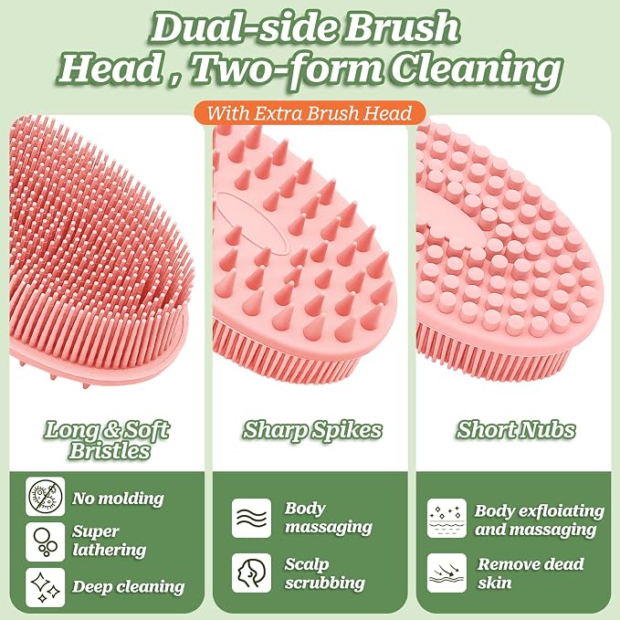 Silicone Back Scrubber for Shower, Gentle Shower Scrubber for Lathering, Softe Silicone Loofah with Two Replaceable Brush Heads, Good for Kids, Sensitive Skin(Pink-Two Heads)