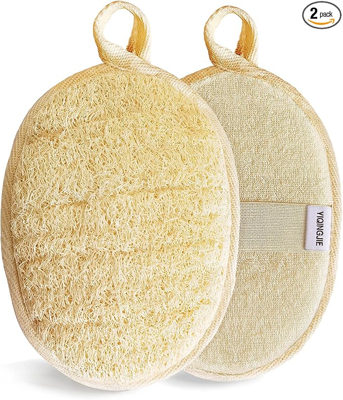 YIQINGJIE Natural Loofah Sponge Exfoliating Body Scrubber (2 Pack),Made with Eco-Friendly and Biodegradable Shower Luffa Sponge, Loofah for Women and Men, Beige