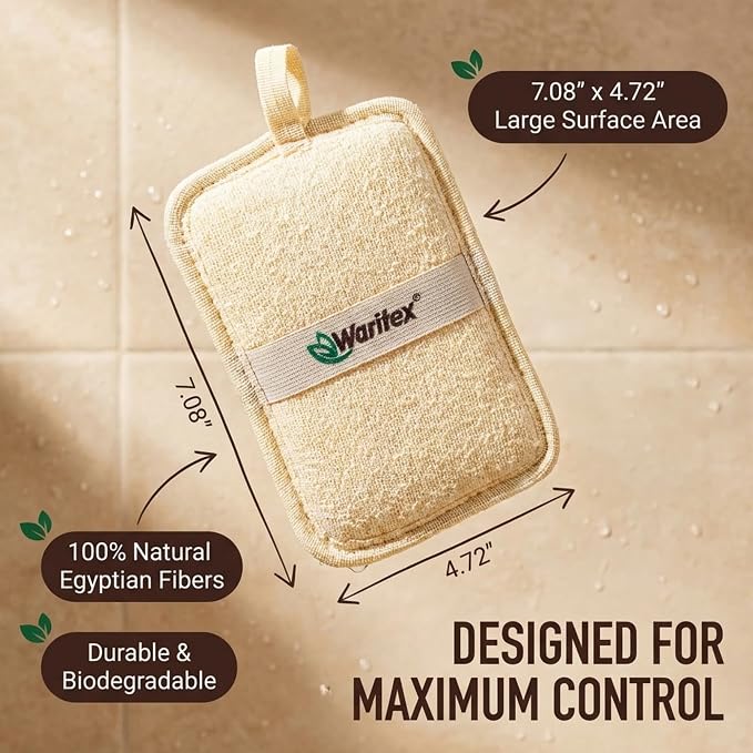 Waritex Organic Egyptian Loofah Rectangular Exfoliating Body Scrub [3 Pack] | Natural Loofah Fiber Bath Pads with Hand Strap for Gentle Skin Exfoliation, Deep Clean Scrubber, Shower Use for Men and Women