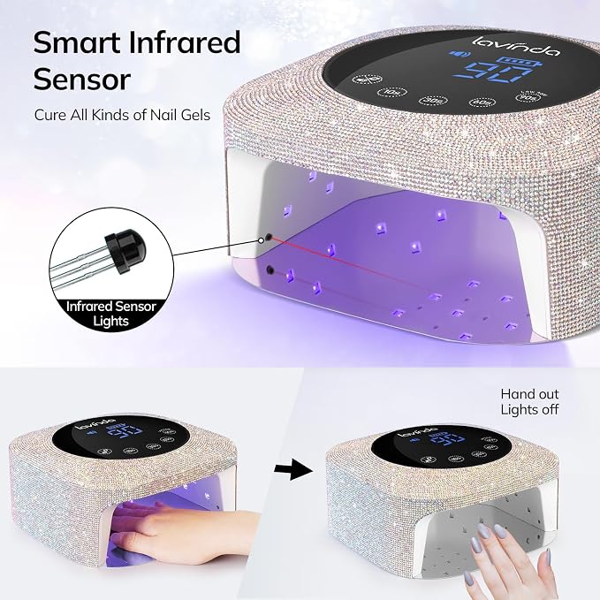 Lavinda UV LED Nail Lamp for Gel Nails, Cordless Rechargeable Nail Light with 4 Timer Settings, Touch LCD Display, Removable Base, 54W Professional Nail Dryer for Salon Home Use Diamond Design