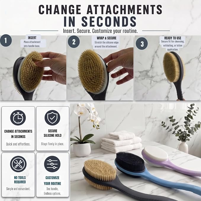 Avilana Long Handle Body Brush for Shower, 19 Inch Curved Back Scrubber with Soft & Stiff Bristles, Exfoliating Body Brush for Back, Legs & Feet, Non-Slip Silicone Handle, Replaceable Head System