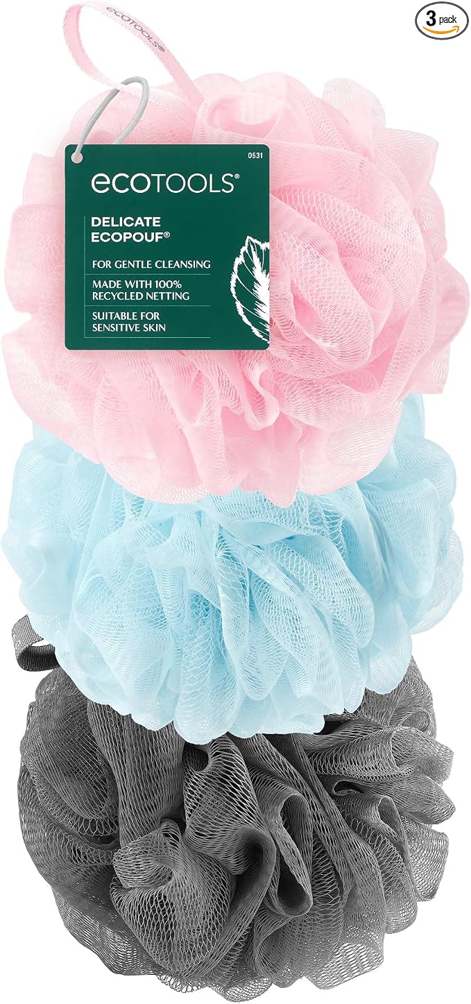 EcoTools EcoPouf 3 Pack Bath Sponge Set, Soft Recycled Netting Shower Poufs for Gentle Exfoliating & Daily Body Cleansing, Rich Lather Loofah Sponges, Vegan & Cruelty-Free