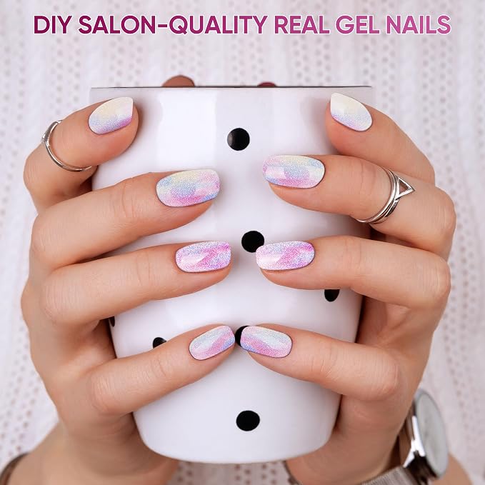 Semi Cured Gel Nail Strips, 22pcs UV Nails Polish Art Sticker, Nail Wraps with UV Light Required for Home Manicure DIY, Long Lasting, Easy Application & Removal, Salon Quality (Aurora Pink 048)