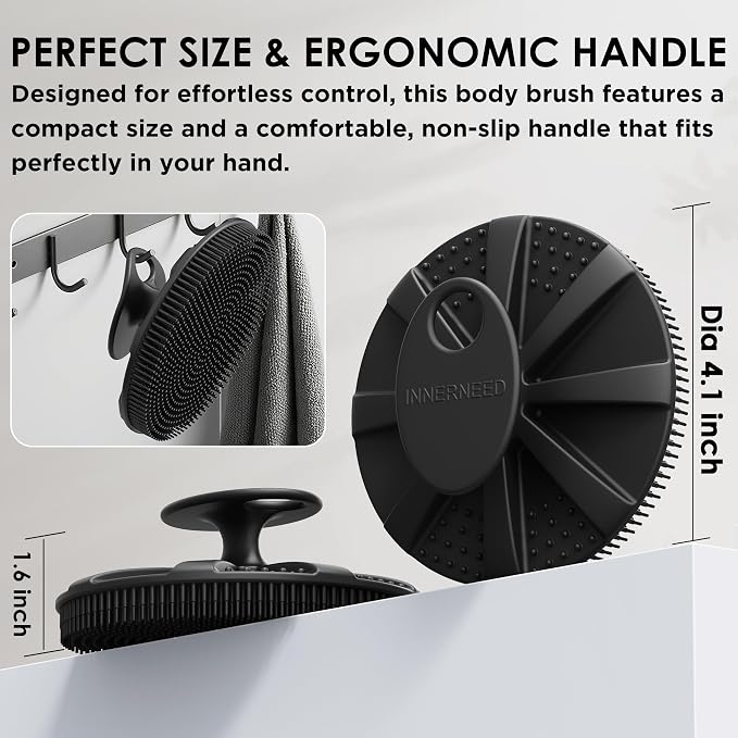 Black Food-Grade Silicone Body Scrubber with Exfoliating Net Sponge Case | Handheld Bath Scrub Shower Brush Set For Women Men, All Skin Types, Deep Clean, Lather Well, INNERNEED