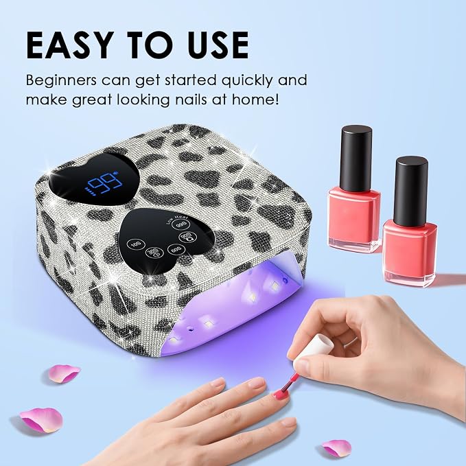UV LED Nail Lamp Cordless, HUITINE 80W Rechargeable UV Light for Gel Nails | 5 Timers & Mirror Base, Professional Gel Light Dryer, Sparkling Rhinestones Curing Lamp for Salon & Home (Cow Diamond)