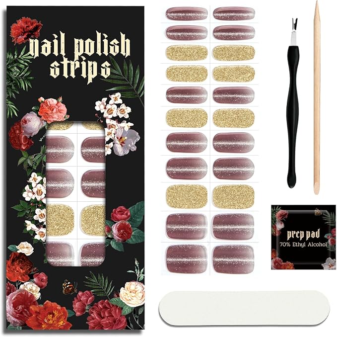 Nail Polish Strips - No UV Lamp Needed (Lavender Gold Foil) | 22 Pcs Salon Quality Gel Nail Stickers - Long Lasting Wraps Easy Application and Removal