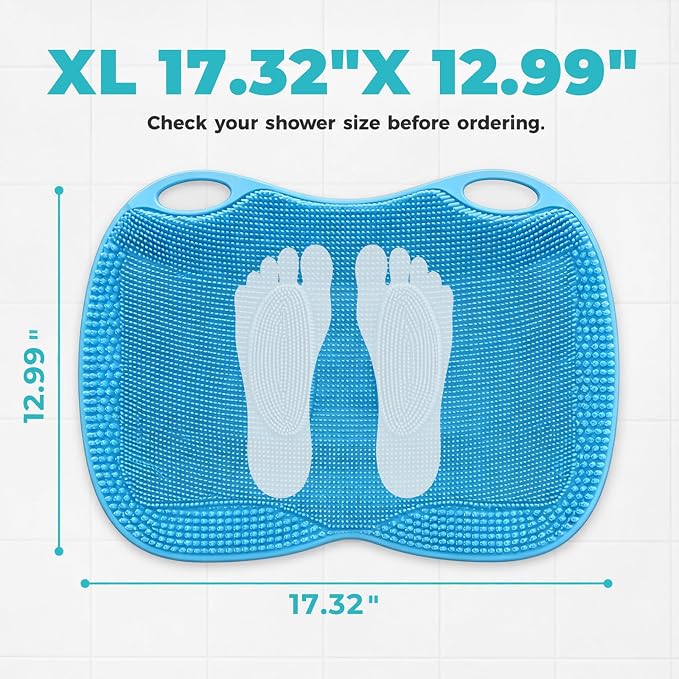 XL Silicone Shower Foot Scrubber Mat with Suction Cups, Foot Washer for Shower, Foot and Back Scrubber for Smooth Shower Wall or Floor, Blue, 17.32 x 12.99 in