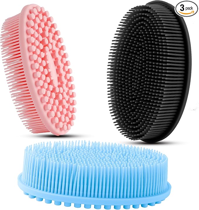 3 Pack Silicone Body Scrubber, Soft Silicone Loofah Exfoliating Body Scrubber, Silicone Body Brush Bath Shower Scrubber for Body, 2 in 1 Bath and Shampoo Wash Brush for Skin Exfoliation Men Women