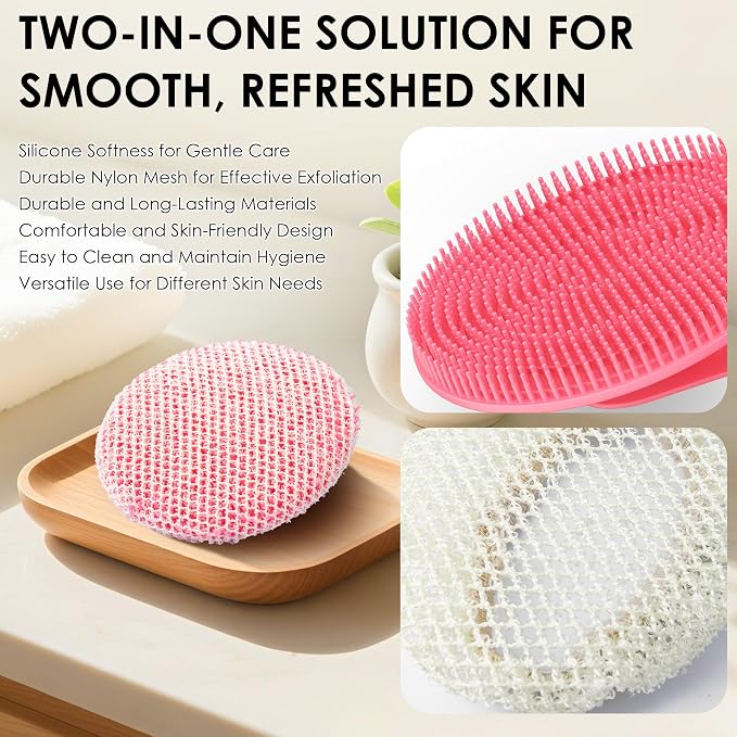Hygienic Body Cleansing Scrubber with Exfoliating Net Sponge Case,Pack of 2 | INNERNEED Soft Silicone Bristles Deep Clean & Massage Shower Scrub Brush with African Exfoliating Bath Mesh