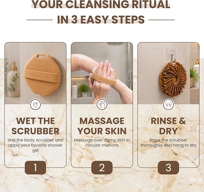 Silicone Body Scrubber for Shower & Bath – Food-Grade Silicone Body Brush with Ergonomic Handle for Cleansing & Gentle Exfoliation – Reusable Body Scrubber for Smooth Skin (Brown)