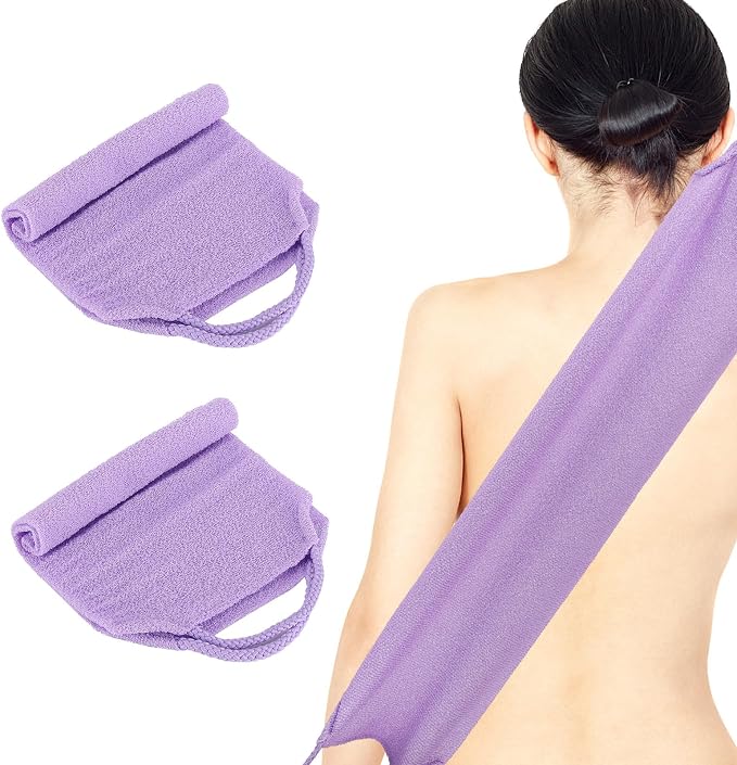 2Pcs Exfoliating Back Scrubber with Handles Body Scrubber Towel for Shower Nylon Back Exfoliator Washcloth Washer for Men Women (Purple)