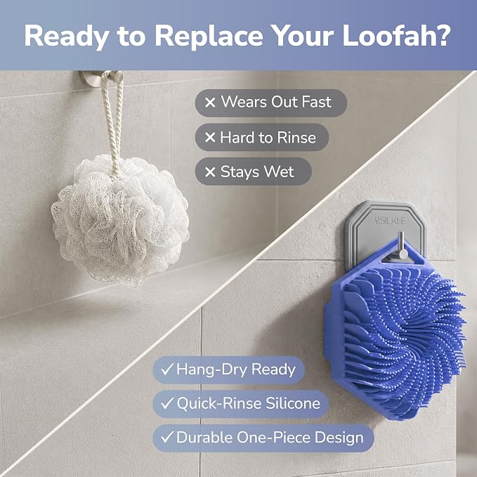 SILKLE Silicone Body Scrubber Exfoliator, Shower Scrubber & Silicone Loofah | Exfoliating Body Scrubber, Non-Slip Grip - Silicone Bath Brush & Shower Brush for Body, Quick-Rinse One-Piece Design - Blue