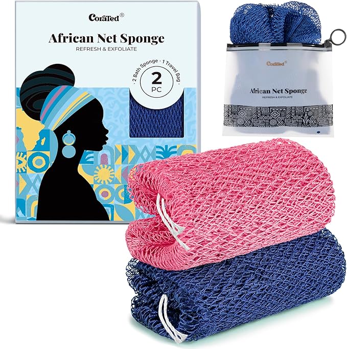 CORATED African Net Sponge Authentic, Shower Loofah Exfoliating Bath Sponge | Body Scrubber for Women and Men Daily Use Body Care, Travel Portable, Durable Bath Accessories Spa Gifts