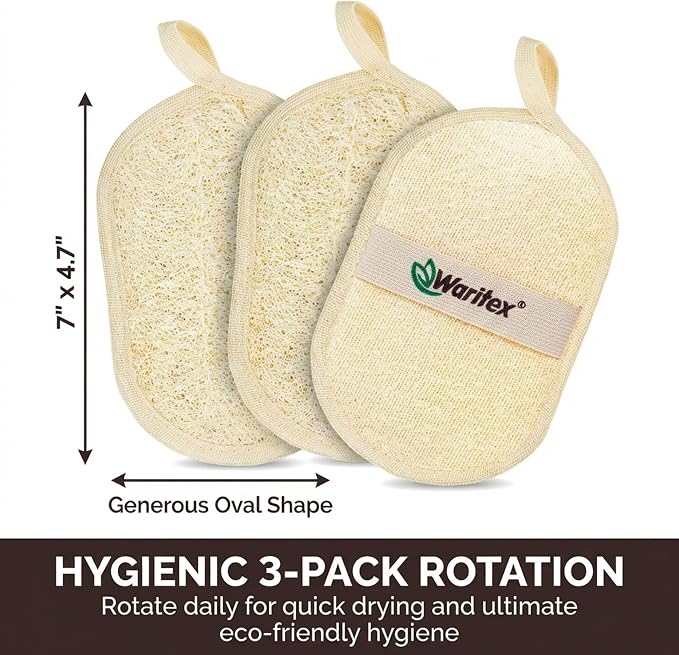 Waritex Organic Egyptian Loofah Oval Exfoliating Body Scrubbers [3 Pack] | Natural Loofah Shower Pads with Hand Strap for Gentle Skin Exfoliation, Smooth & Refreshing Skin, Face & Body Spa Experience