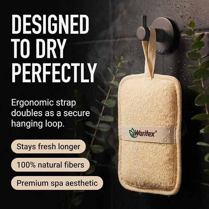 Waritex Organic Egyptian Loofah Rectangular Exfoliating Body Scrub [3 Pack] | Natural Loofah Fiber Bath Pads with Hand Strap for Gentle Skin Exfoliation, Deep Clean Scrubber, Shower Use for Men and Women