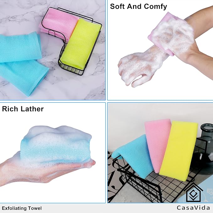 Exfoliating Washcloth Back Scrubber, 3 Pack | Japanese Beauty Washcloth, Back Scrubber for Daily Use, Textured Poly Nylon Body, Smoother-Looking Skin, Quick-Dry