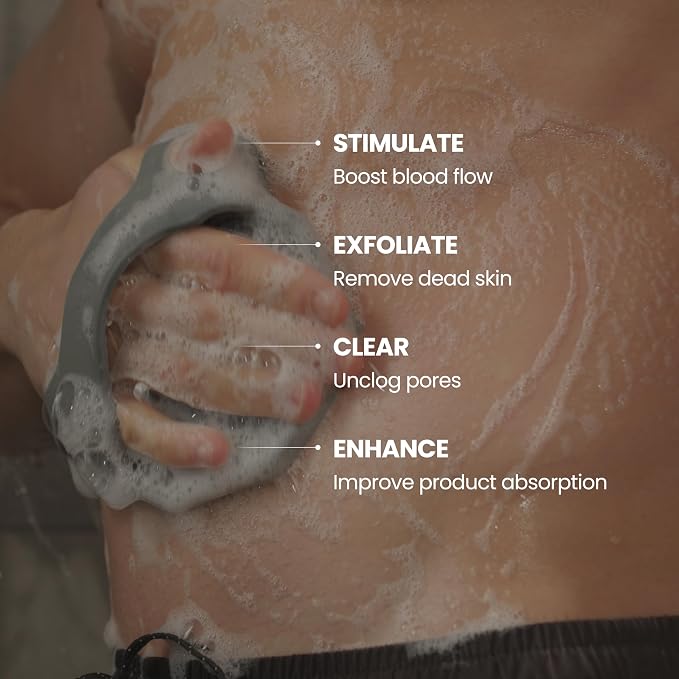 Silicone Shower Body Scrubber, Exfoliating Loofah Alternative - Gray | Silicone loofah alternative, zinc and silver infused, hygienic, gentle for sensitive skin, durable and long-lasting