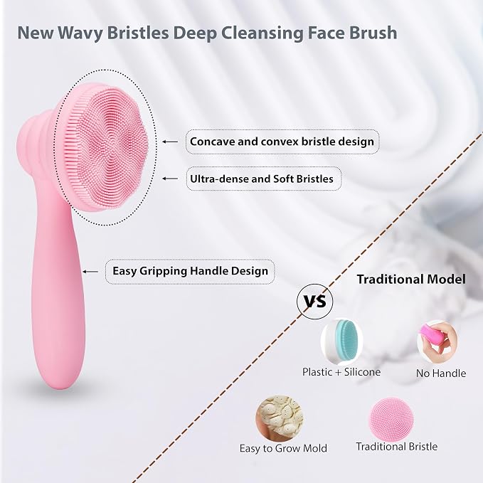 MtBoi 2 PC Silicone Facial Cleansing Brush Facial Scrubber Manual Exfoliating Facial Brush Face Cleanser Face Exfoliator Ultrafine Bristles for Sensitive Skin Easy to Clean Lather Well (Pink&Blue)