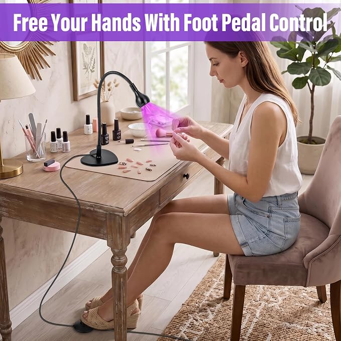 3W Flash Cure Nail Lamp with 365+405nm Dual Wavelength, UV LED Flash Cure Nail Light with Foot Pedal, Goose Neck and Stand for Gel X, Building Gel, Press on Nail