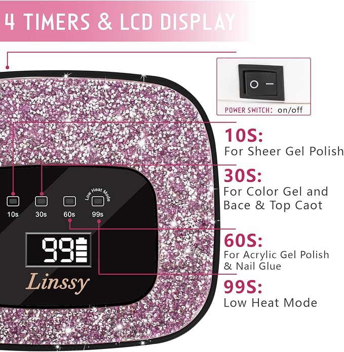 Linssy Rechargeable UV LED Nail Lamp,Portable Cordless Nail Gel Lamp | Gel Nail Dryer Light 4 Timings & Diamond LCD Screen with Auto Sensor, UV Light for Gel Nails at Home Salon (White)