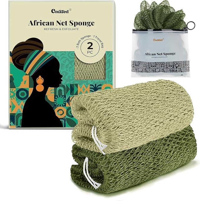 CORATED African Net Sponge Authentic, Shower Loofah Exfoliating Bath Sponge | Body Scrubber for Women Daily Use Body Care, Travel Portable Bath Accessories for Bathroom