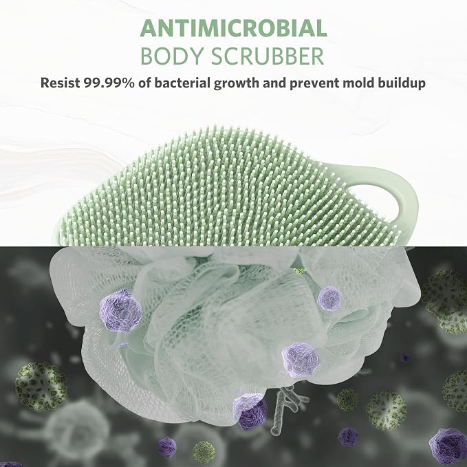 Sndyi Silicone Body Scrubber, Gentle Exfoliating Body Scrubber for Sensitive Skin, Leaf Shaped Shower Scrubber for Body with Lathering Bristles, Silicone Loofah Body Brush for Showering, Green