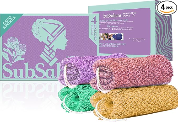 SubSahara Authentic African Net Sponge, 4 Pack 45-Inch Exfoliating Bath Sponge and Shower Loofah for Body and Back, Colorfast Quick-Dry Knotted Mesh Scrubber with Travel Pouch