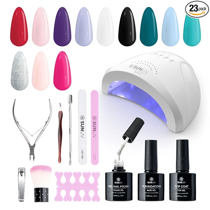 SUNUV Gel Nail Polish Kit with UV Light, 23 Pcs Gel Nail Kit Four Season, 12 Colors Polish Set with Base Glossy Top Coat, Manicure Tools Home Salon Gift for Women Teens Girls, Starter Kit