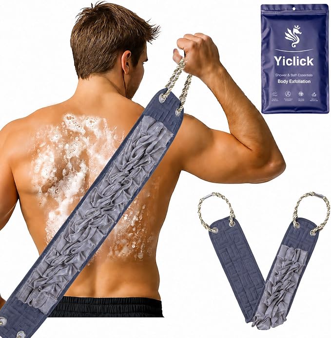 Yiclick Back Scrubber for Shower, Exfoliating Washcloth Towel with Handle, Body Scrubber Exfoliator, Bath Sponge Loofah Luffa, Back Washer Wash Cloth for Men Women, Korean Exfoliate Body Scrub (Grey)