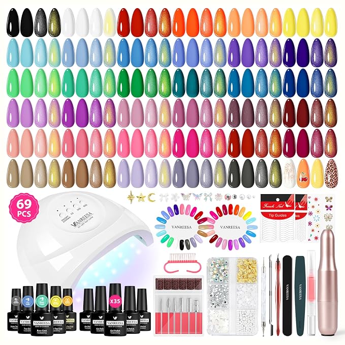 VANREESA 69PCS Gel Nail Polish Set with Nail Lamp and Electric Nail Drill | 35 All Seasons Colors Gel Nail Polish with Base Coat & 4 Top Coat Professional Gel Nail Kit for Beginners Gifts for Women