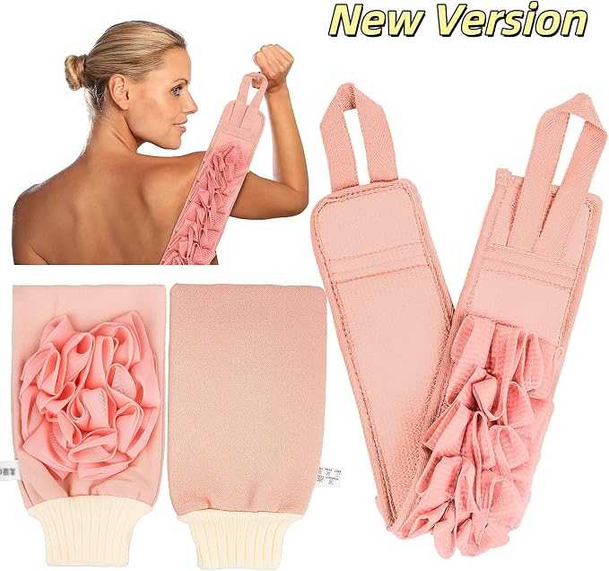 Deep Exfoliating Glove for Shower Double-Sided Mitt, with Extra Long Exfoliating Washcloth - Extreme Body & Back Scrubber for Shower, Massage Scrub Exfoliator & Bath Loofah Sponge (2-Pink)