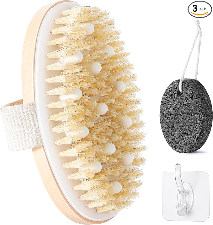 Oval Dry Brush Set: Dry Brush for Lymphatic-Drainage Brushing & Scrubber, Pumice Stone for Feet with Double-Side Hook, Bath Shower Exfoliating Kit Women