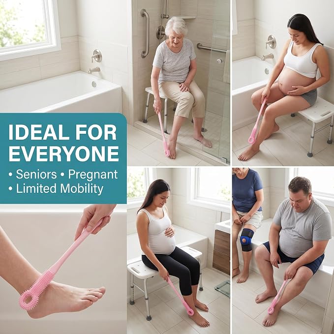2 Pack Toe Cleaning Brush with Long Handle – Soft Rubber Toe Cleaner & Foot Scrubber for Shower, Exfoliating Foot Brush for Seniors, Men & Women (Pink)
