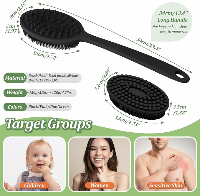 Silicone Back Scrubber, Soft Silicone Loofah with Handle, Gentle Exfoliating Back Scrubber, Back Brush Bath Brush with Two Dual-Side & Detachable Brush Heads(Black-Two Heads)