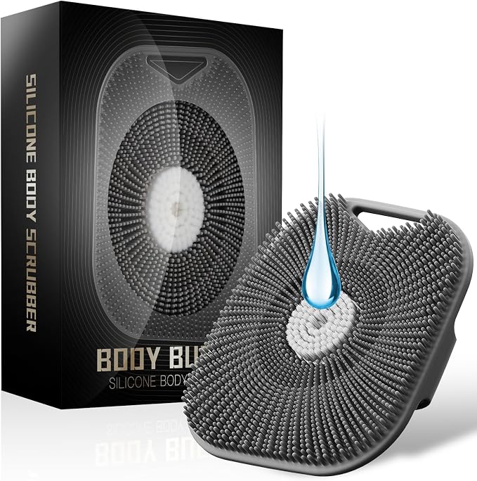 Zinc Infused Silicone Body Scrubber for Men, New Upgrade Deep Exfoliating Body Scrubber for Shower, Silicone Loofah Men for Sensitive Skin with Lathering Bristles and Ergonomic Non-Slip Handle (Gray)