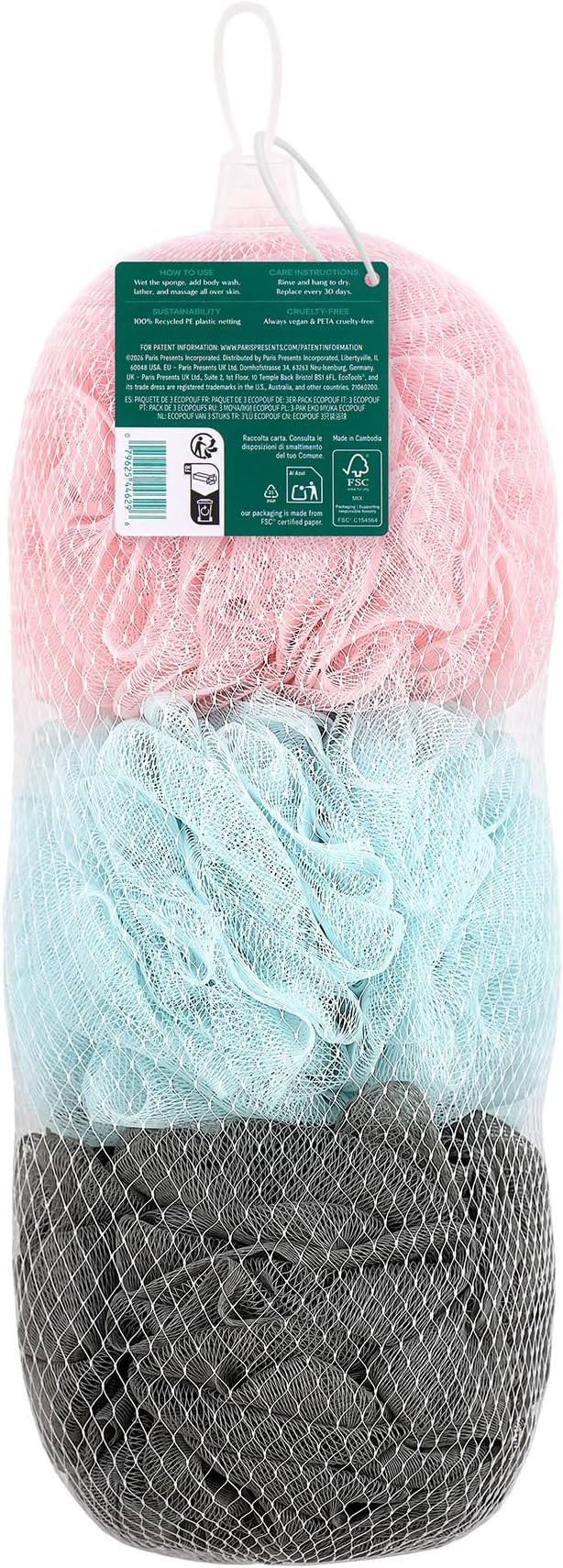 EcoTools EcoPouf 3 Pack Bath Sponge Set, Soft Recycled Netting Shower Poufs for Gentle Exfoliating & Daily Body Cleansing, Rich Lather Loofah Sponges, Vegan & Cruelty-Free