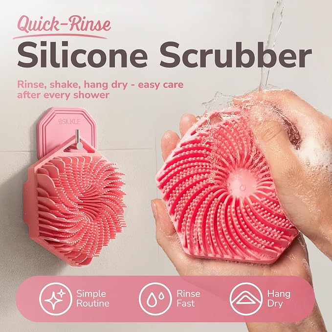 SILKLE Silicone Body Scrubber Exfoliator, Shower Scrubber & Silicone Loofah | Exfoliating Body Scrubber, Non-Slip Grip - Silicone Bath Brush & Shower Brush for Body, Quick-Rinse One-Piece Design - Pink