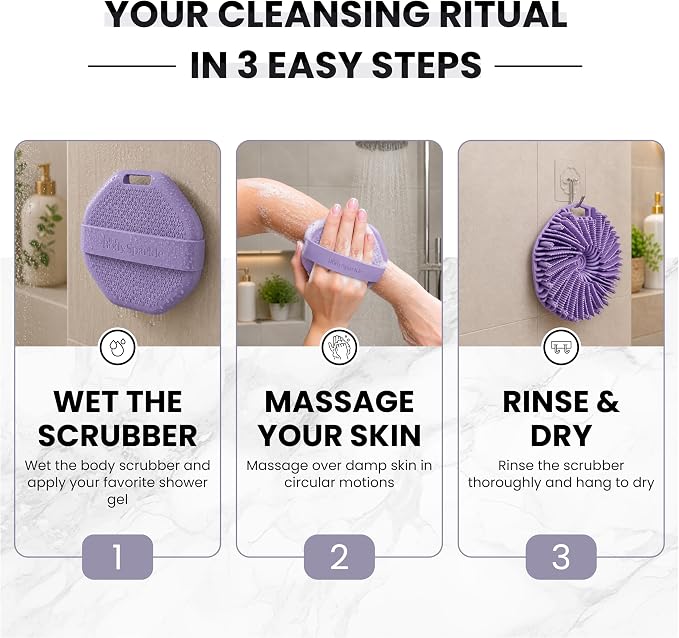 Silicone Body Scrubber for Shower & Bath – Food-Grade Silicone Body Brush with Ergonomic Handle for Cleansing & Gentle Exfoliation – Reusable Body Scrubber for Smooth Skin (Purple)
