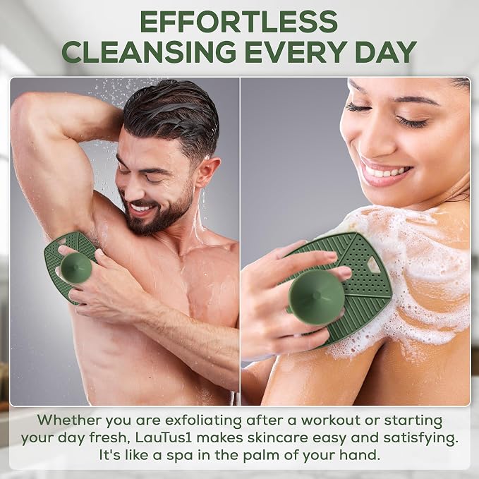 Silicone Body Scrubber — Suction Cup Mount & Hook, Gentle Exfoliating Shower Brush, Soft Loofah Alternative for Men, Women & All Skin Types — Sage Green