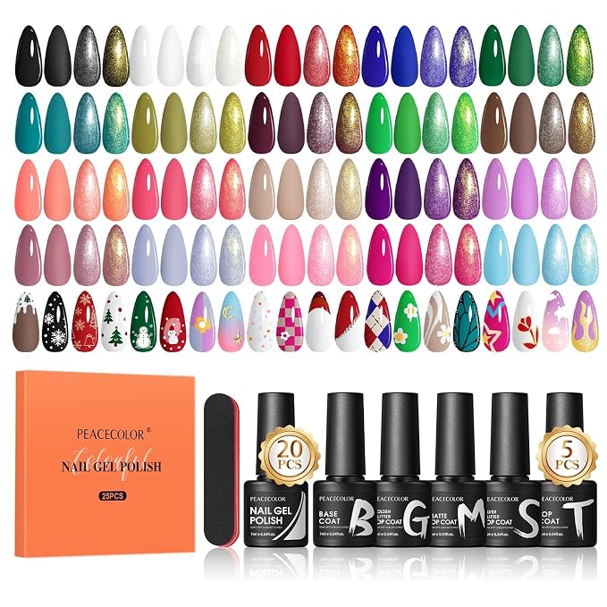 Peacecolor 26PCs Gel Nail Polish Set ,Spring Colors Gel Polish Kit with 5Pcs Glossy/Matte/Glitter Top Base Coat Nude Pink White Green Red Blue Soak Off Gel Manicure Kit Gifts for Women DIY