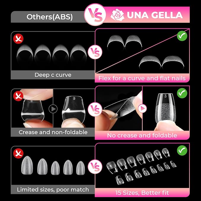 UNA GELLA 510Pcs Short Coffin Nails Tips Soft Gel Half Matte 15 Sizes | Acrylic Full Cover Nail Tips Short Coffin Press on Nails Pre-shaped Clear False Nails For Nail Extensions Home DIY Salon
