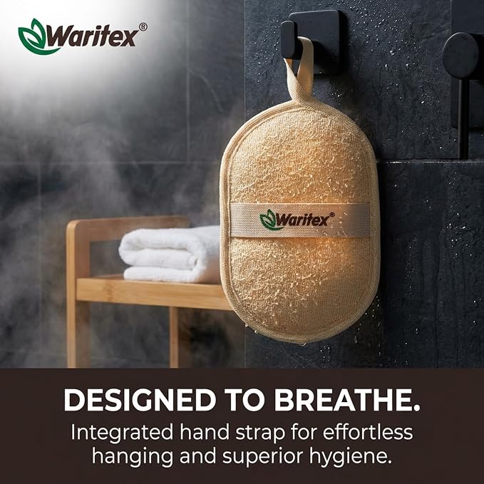 Waritex Organic Egyptian Loofah Oval Exfoliating Body Scrubbers [3 Pack] | Natural Loofah Shower Pads with Hand Strap for Gentle Skin Exfoliation, Smooth & Refreshing Skin, Face & Body Spa Experience