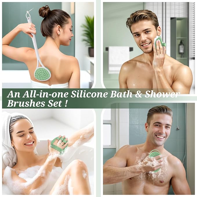 Silicone Back Body Face Scrubbers Set 4PCS, 15.35’’ Back Scrubber Soft Body Scrubber for Dual-Side Usage, Easy-to-Hold Soft Bath Glove & Face Scrubber for Good Foaming Deep Cleaning(Green)