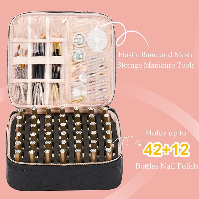 Uross Nail Polish Organizer Bag Holds 54 Bottles Nail Polish & Nail Lamp, Gel Nail Polish Organizers and Storage box for Nail Tech, Nail Kit Supplies Organizer Case-Black