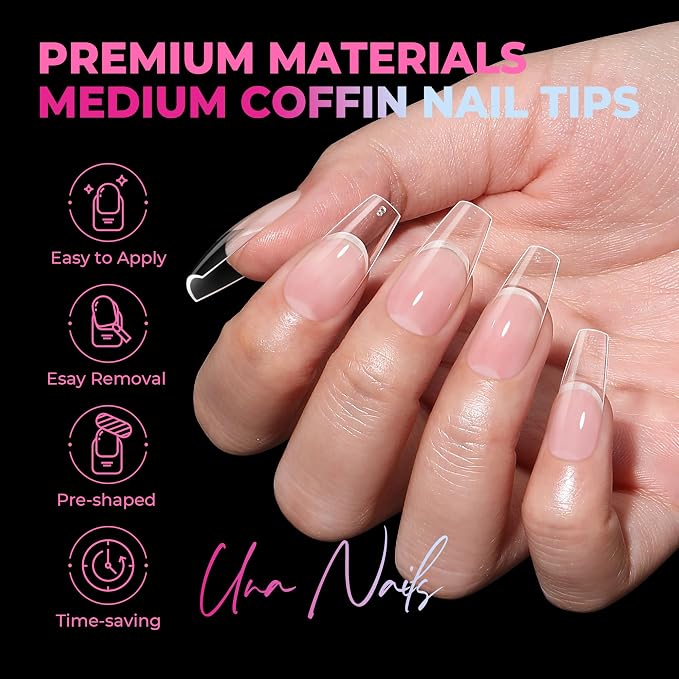 UNA GELLA Soft Gel Medium Coffin Nails Tips, 510Pcs 15 Sizes Pre-Buffed Full Cover False Nails, No File Needed Inner Matte Gel Tips, Clear PMMA Soak Off Acrylic Nail Extensions for DIY Nail Art