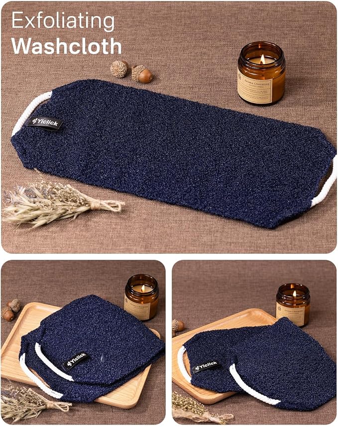 Yiclick Exfoliating Washcloth Towel with Handle, Back Scrubber for Shower, Exfoliating Body Scrubber Exfoliator, Japanese Wash Cloth for Body Scrub, Bath Sponge Loofah Luffa Washer Exfoliator