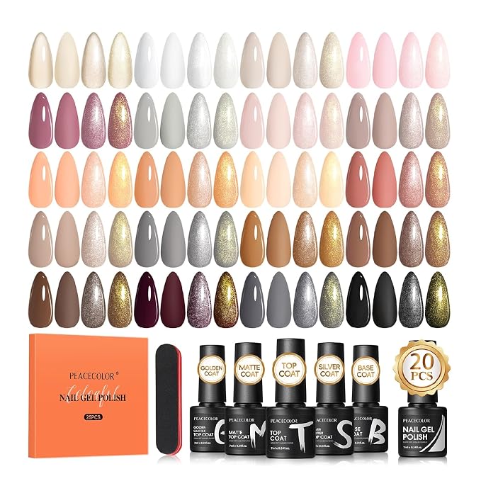 Peacecolor 26PCs Gel Nail Polish Set, 20 Natural Colors Milky White Nude Brown Nail Polish with 5Pcs Glossy/Matte/Glitter Top Base Coat Manicure Kit Gifts for Women DIY Home