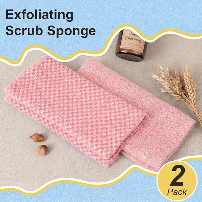 2 Pack Exfoliating Washcloth Towels - Exfoliating Body Scrubber Exfoliator, Back Scrubber for Use in Shower Bath, Japanese & Korean Scrub Wash Cloths, Loofah Lufa Sponge Washer for Women Men