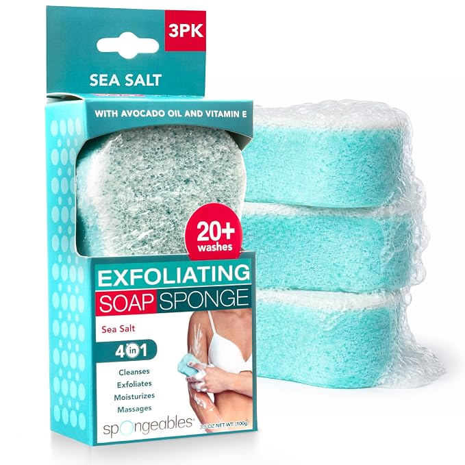 Spongeables Body Wash in a 20+ Wash Sponge, Sea Salt, 3 Count | Dual-Textured to Cleanse, Exfoliate, Moisturize, and Massage, Just Add Water to Activate the Soap in the Sponge