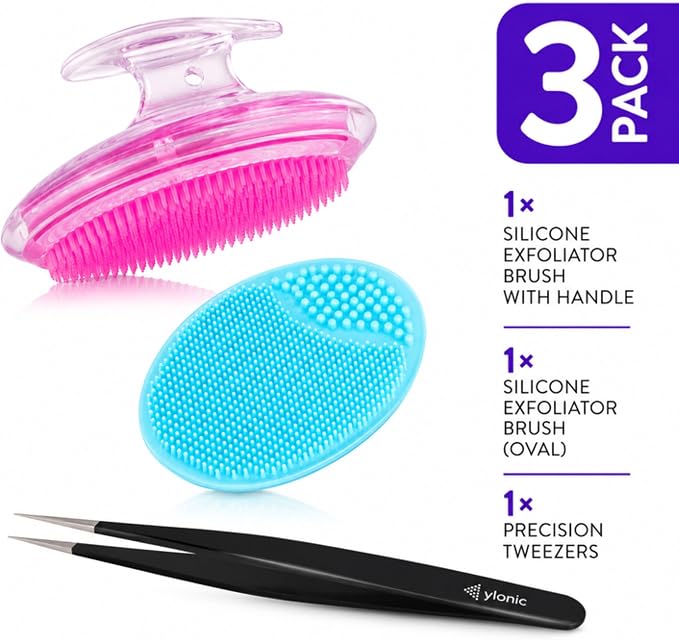 Dylonic 3pk Exfoliating Brush and Precision Tweezers for Ingrown Hair Treatment for Bikini Area, Razor Bumps Shaving Irritation - Silicone Scrubbers Gift Set, Body + Face Skin Exfoliator Brush